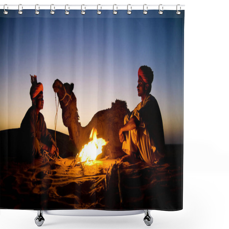 Personality  Two Indigenous Indian Men Resting By The Bonfire With Camel, Original Photoset Shower Curtains