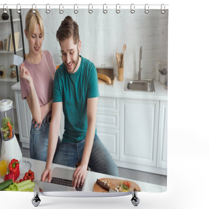 Personality  Vegan Couple With Laptop Buying Goods Online Together In Kitchen At Home Shower Curtains