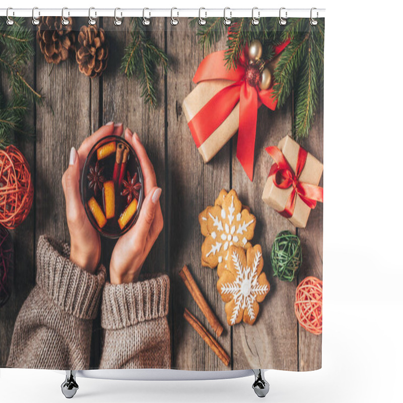 Personality  Cropped View Of Woman Holding Glass With Hot Mulled Wine On Wooden Background With Christmas Gifts Shower Curtains