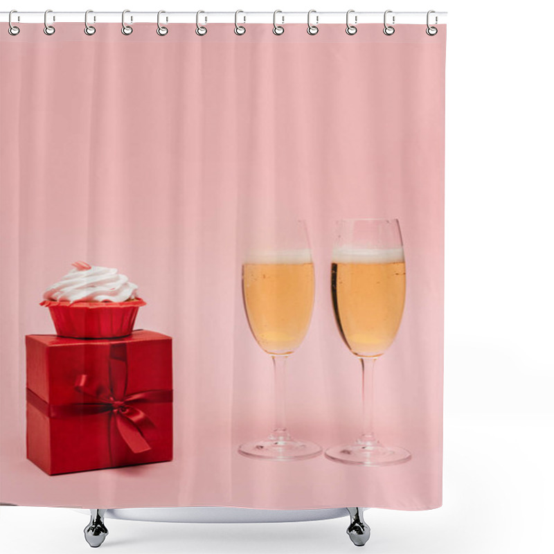 Personality  Champagne Glasses Near Gift And Cupcake Isolated On Pink Shower Curtains