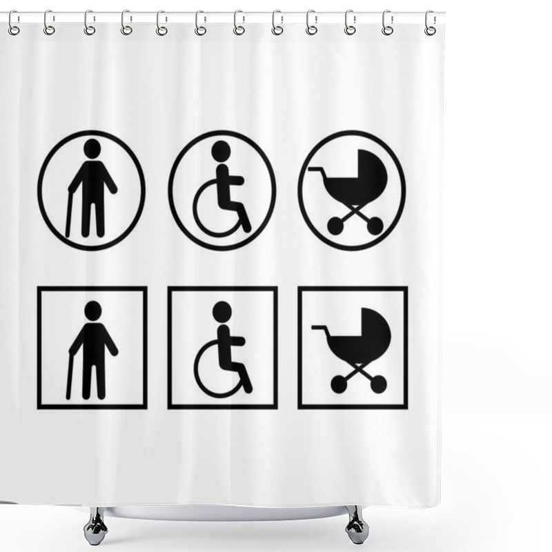 Personality  Disabled, Baby Stroller, Crutches .Set Icons.Stickers Round And Square. Shower Curtains