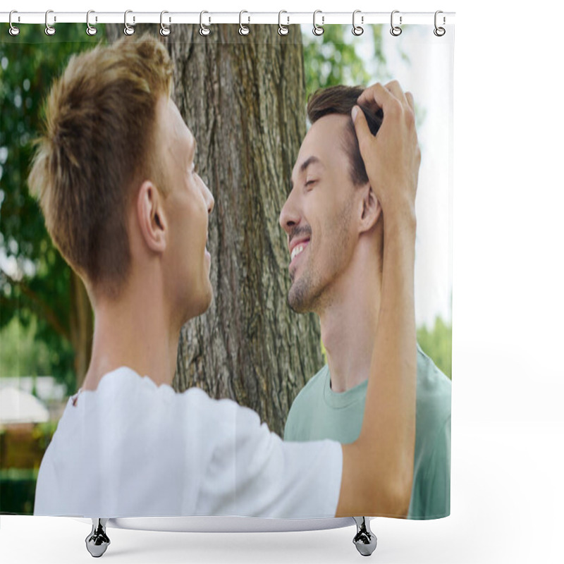 Personality  Two Joyful Men Embrace While Sharing A Heartfelt Smile In A Vibrant Outdoor Setting. Shower Curtains