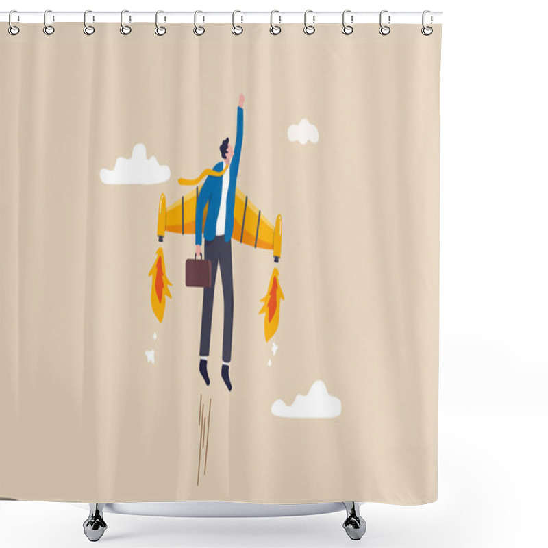 Personality  Ambition Or Aspiration To Success In Work, Career Growth Or Boost Business Development, Entrepreneur Launch New Startup Project Concept, Happy Businessman Flying High With Jetpack Rocket Booster. Shower Curtains