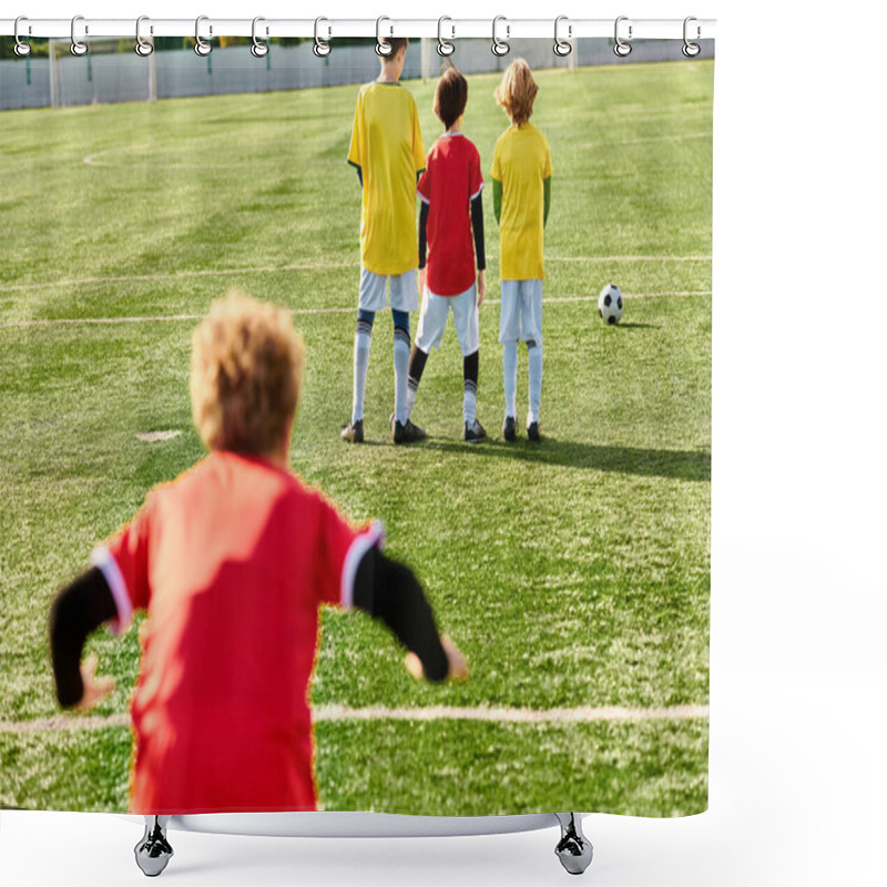 Personality  A Group Of Young Men Stands Proudly Atop A Well-maintained Soccer Field, Their Expressions Exuding Determination And Excitement. They Are Celebrating A Hard-won Victory, Relishing The Feeling Of Triumph In Their Sport. Shower Curtains