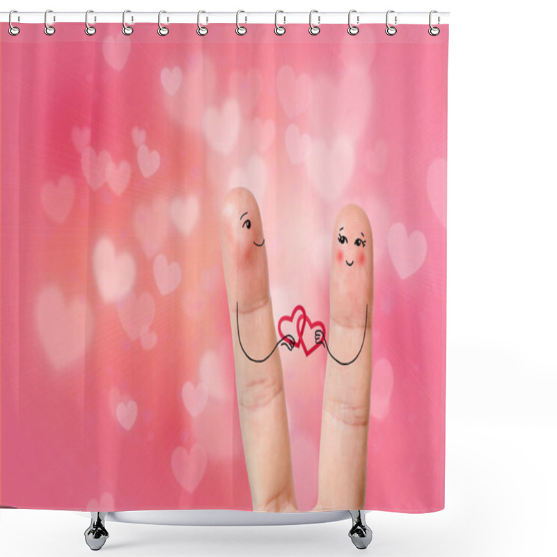 Personality  Conceptual Finger Art. Lovers Are Embracing And Holding Hearts. Stock Image Shower Curtains