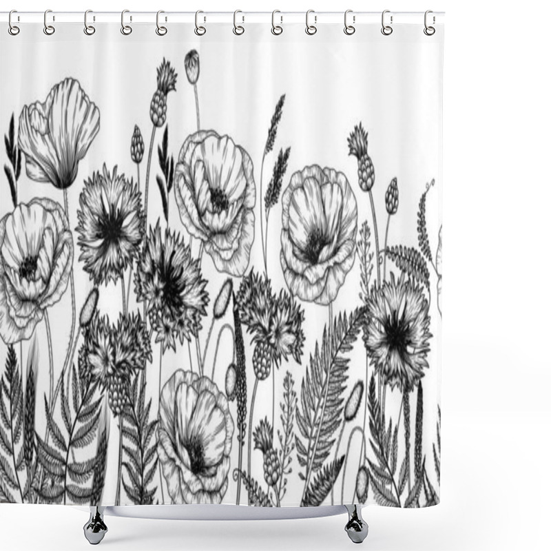 Personality   Seamless Horizontal Vector Pattern Wild Flowers In Engraving Style. Poppies, Cornflowers, Fern Shower Curtains