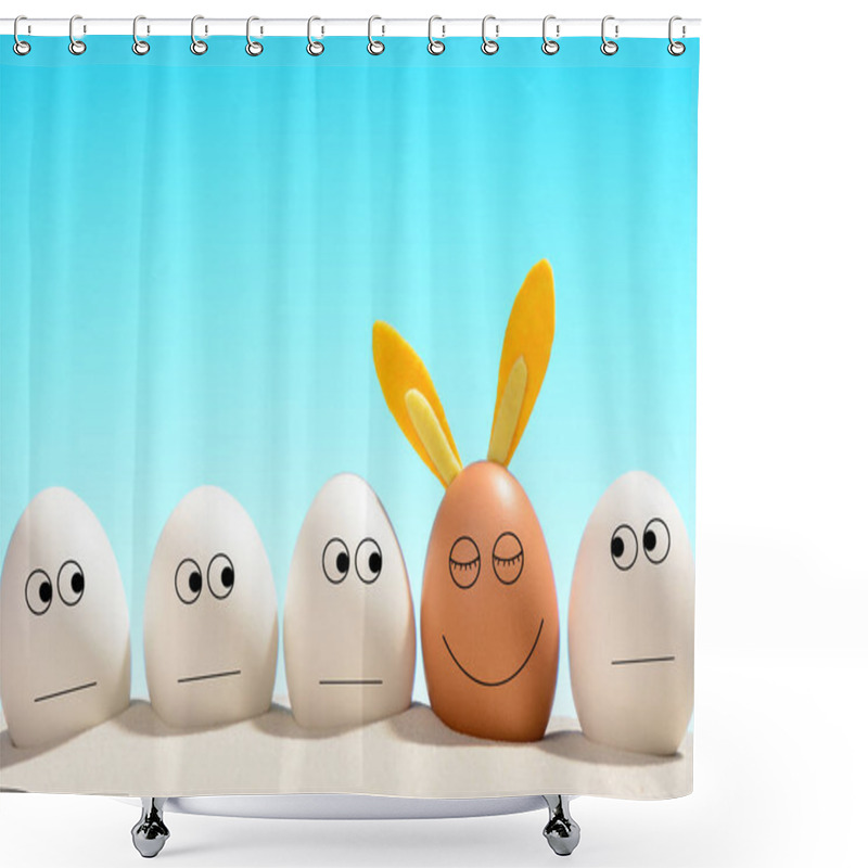 Personality  White Eggs, Looking At The Brown Tanned With Rabbit Ears. Easter On The Beach Concept. Shower Curtains