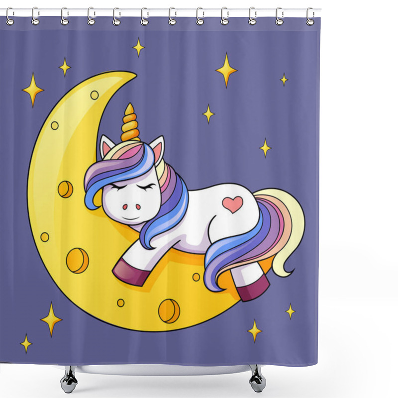 Personality  Cute Cartoon Unicorn Sleeping On The Moon In Clouds Shower Curtains