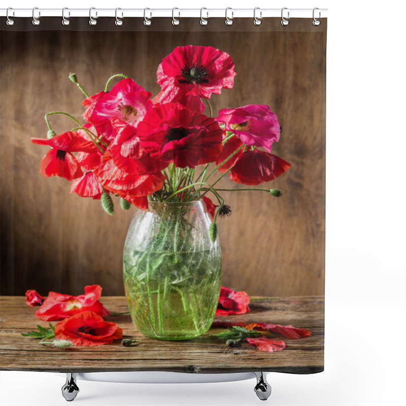 Personality  Bouquet Of Poppy Flowers In The Vase On The Wooden Table. Shower Curtains