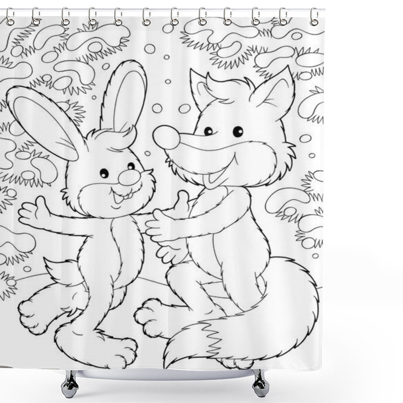 Personality  Rabbit And Fox Dancing In The Snow. Shower Curtains