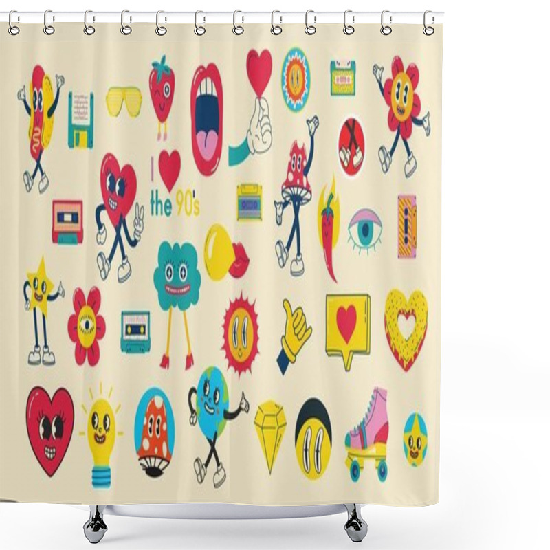 Personality  70s Groovy Illustrations For The Posters, Cards Or Stickers With Hippie Cute Colorful Funky Character Concepts Of Crazy Geometric, Dripping Emoticon. Only Good Vibes Sentence Concept Shower Curtains