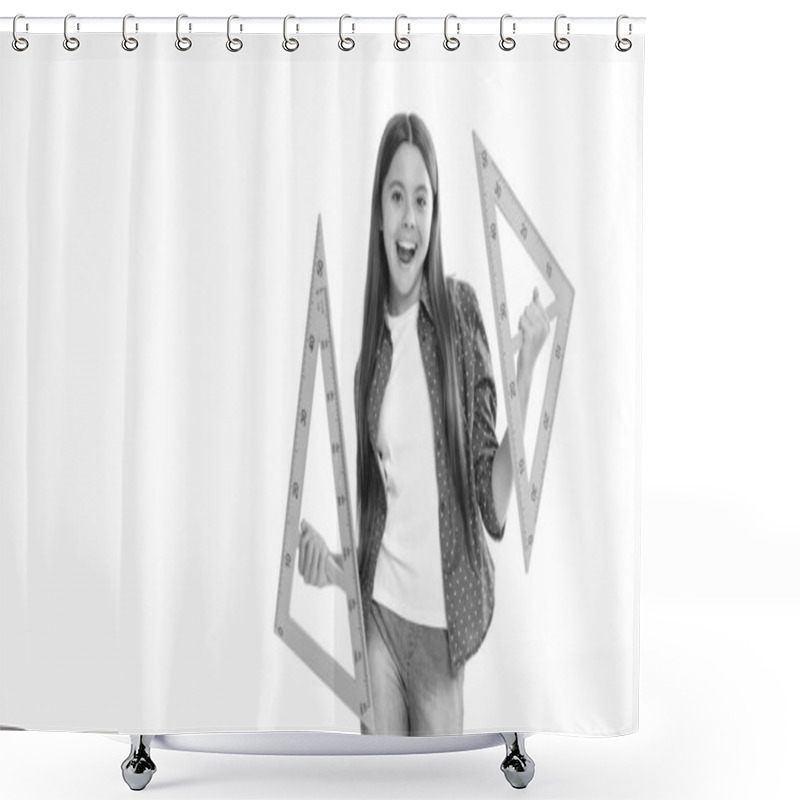 Personality  Happy Funny Teen Girl Hold Triangle Ruler Measuring Angle Degree At School Isolated On White, Education. Shower Curtains