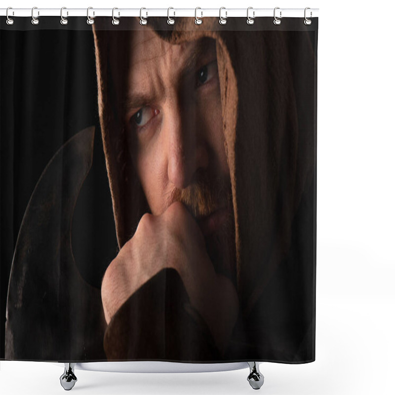 Personality  Pensive Medieval Scottish Warrior With Battle Axe Isolated On Black Shower Curtains