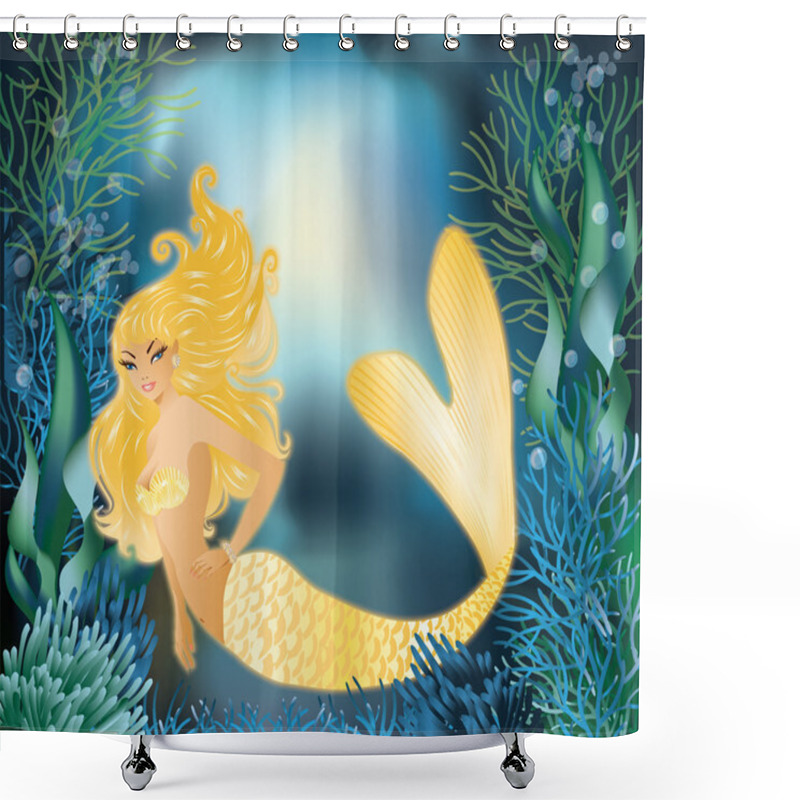 Personality  Pretty Gold Mermaid With Underwater Background, Vector Shower Curtains