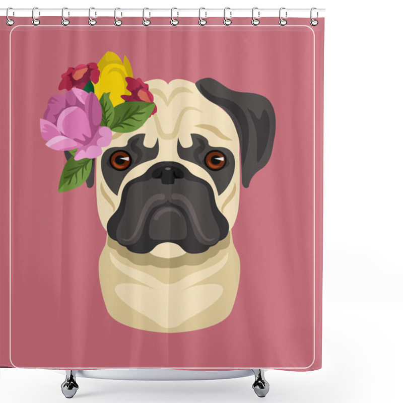 Personality  Vector Pug Dog Portrait Flat Illustration Shower Curtains