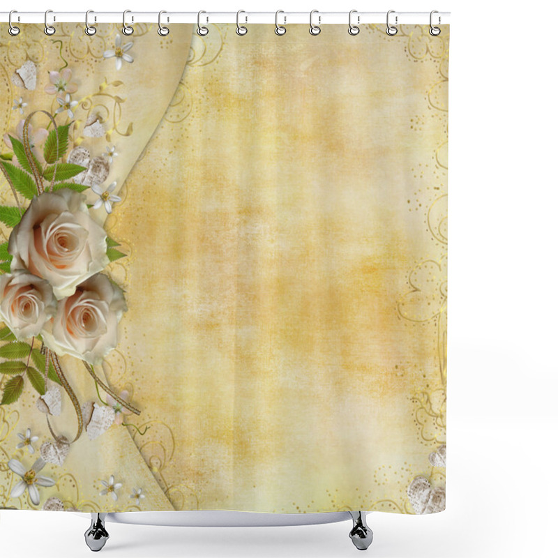 Personality  Greeting Golden Card With Beautiful Roses, Paper Hearts, Ribbon Shower Curtains