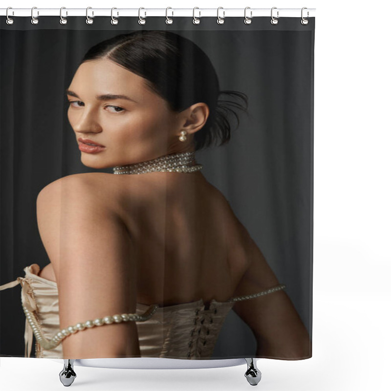 Personality  A Young Woman With Brunette Hair And A Pearl Necklace Poses Against A Dark Background, Showcasing Her Elegant Style And Timeless Beauty. Shower Curtains