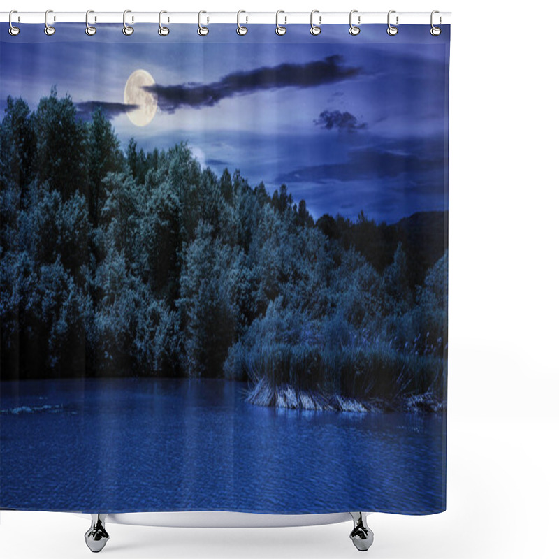 Personality  Mountain Scenery With Lake In Spring At Night. Wonderful Rural Landscape With Deciduous Trees On The Shore In Full Moon Light. Clouds On The Sky Shower Curtains