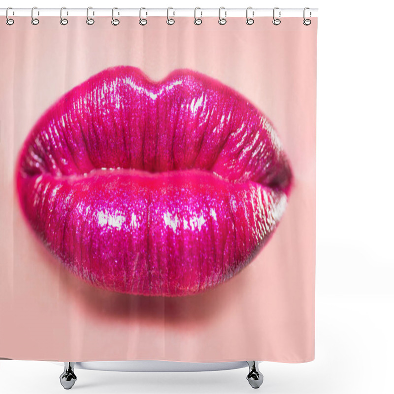 Personality  Sexy Pink Lips. Hot Lipstick Cosmetics. Full Lips On Woman Face. Luxury Icon. Beautiful Girl Close Up. Hyaluronic Acid, Procedure By A Beautician And Makeup Artist. Shower Curtains