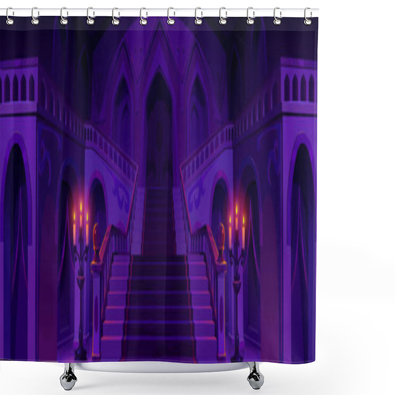 Personality  Royal Palace Hallway With Stairs At Night. Vector Cartoon Illustration Of Medieval Castle Interior Design With Carpet On Staircase, Chandeliers With Candles, Gothic Door Upstairs. Fairytale Background Shower Curtains