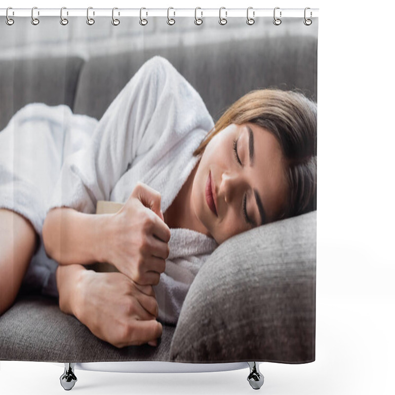 Personality  Young Adult Woman Sleeping With Book In Hands On Grey Couch At Home Shower Curtains