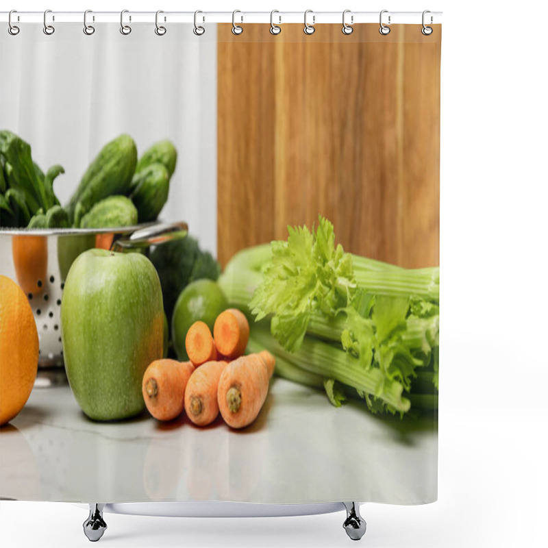 Personality  Tasty Fruits Near Ripe, Fresh Vegetables And Wooden Cutting Board On White  Shower Curtains