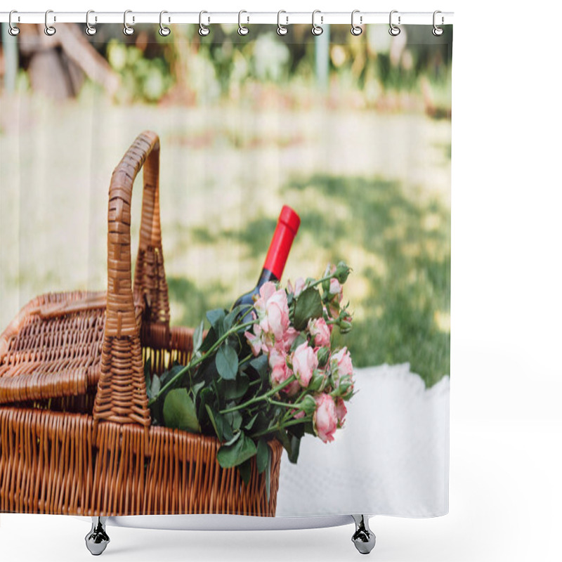 Personality  Wicker Basket With Roses And Bottle Of Wine On White Blanket At Sunny Day In Garden Shower Curtains