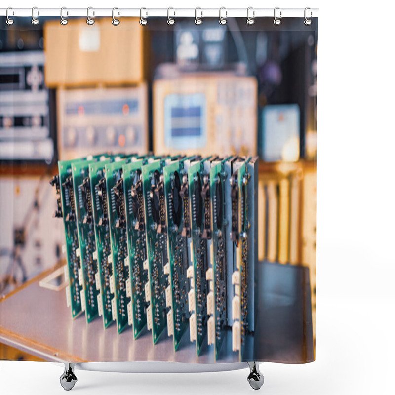 Personality  Close-up Green Embedded Microcircuits Are Stacked In Box To Prepare For The Further In Factory For Production Of Equipment Shower Curtains