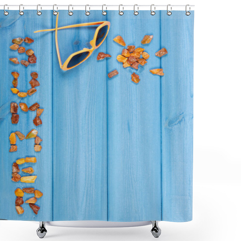 Personality  Word Summer And Shape Of Sun, Sunglasses On Boards, Summer Time, Copy Space For Text Shower Curtains