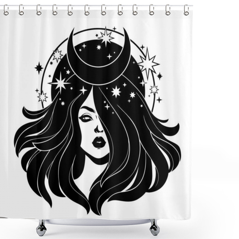 Personality  Beautiful Girl With Long Hair, Decorated With Stars And Moon Shower Curtains