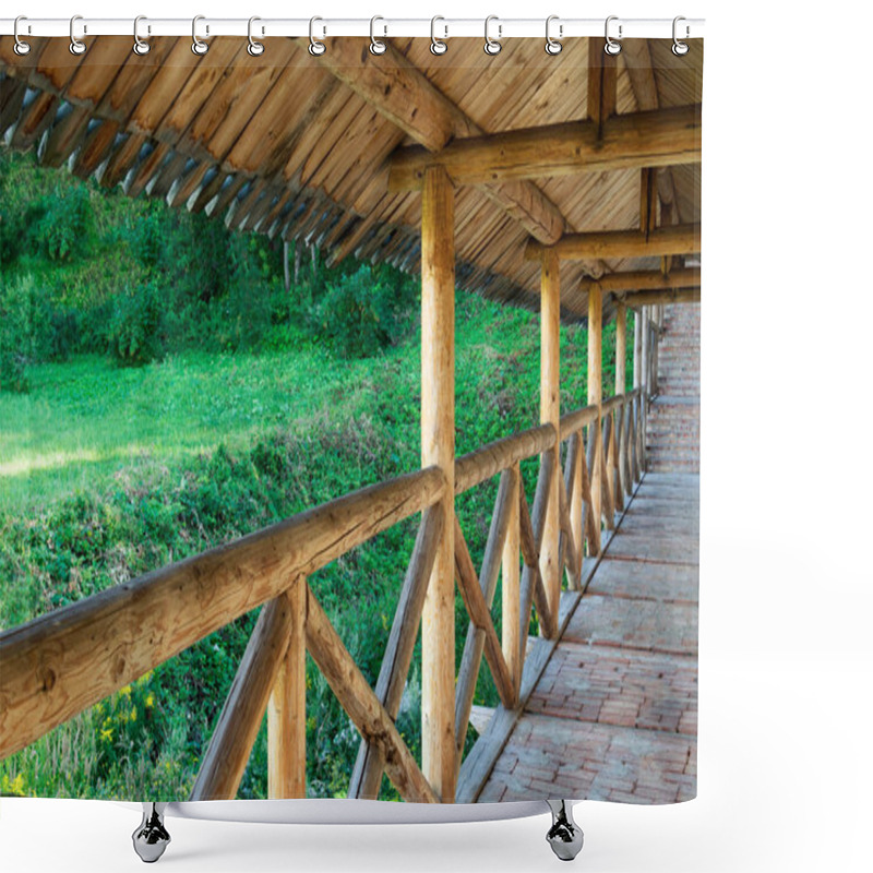 Personality  A Long Passage In The Monastery On The Background Of Wooden Structures. Shower Curtains