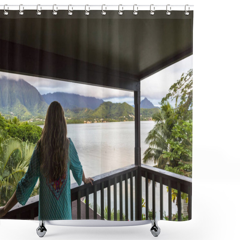 Personality  Rear View Of A Beautiful Woman Enjoying A Scenic Ocean View From Her Balcony In Hawaii. Looking Out At The West Side Of Oahu, Hawaii On A Beautiful Calm Morning While On Vacation Shower Curtains