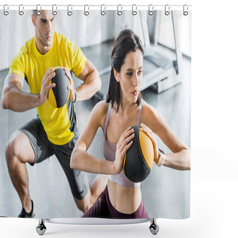 Personality  Sportsman And Sportswoman Doing Lunges With Balls In Sports Center Shower Curtains