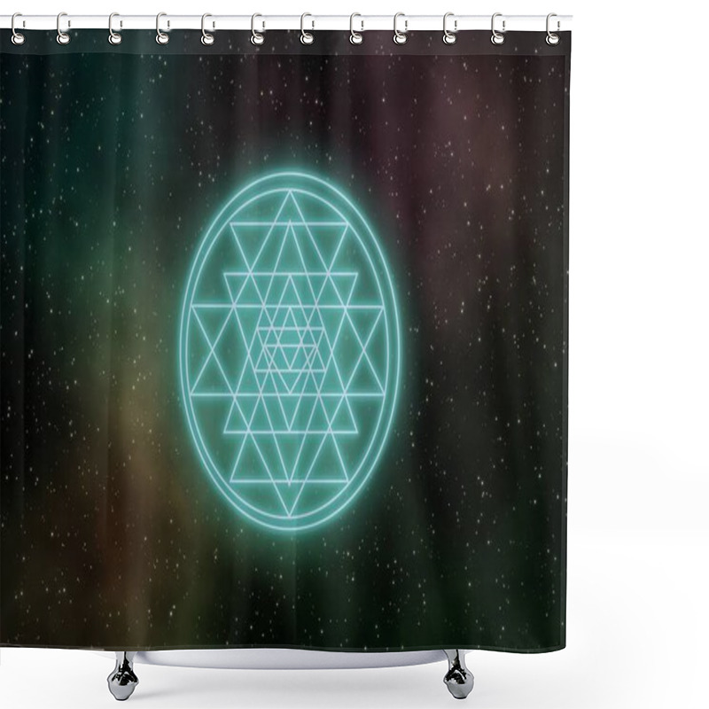 Personality  Sri Yantra Is Hindu Sign Inclouded With Constituent Triangles Vary In Size And Shape And Intersect To Form 43  Smaller Triangles, Organized In Five Concentric Levels. Illustration Design Background. Shower Curtains