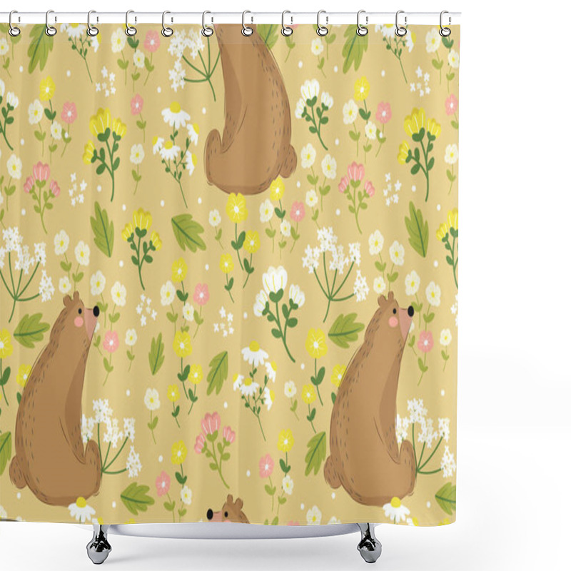 Personality  Bear And Flowers Texture Vector Seamless Pattern. Great For Spring And Summer Wallpaper, Backgrounds, Invitations, Packaging Design Projects. Surface Pattern Design. Shower Curtains