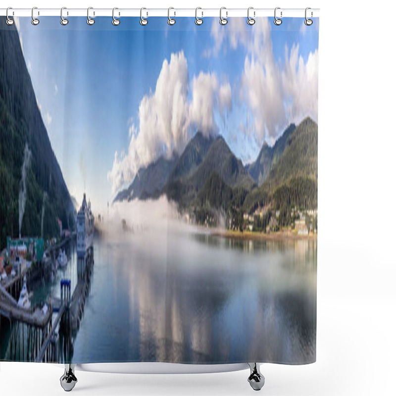 Personality  Panoramic Shot Of Port Of Juneau And Mountains Covered With Clouds And Fog In Gastineau Channel, Alaska. Cruise Ship And Boats Docked In The Port. Blue Cloudy Sky As A Background. Shower Curtains