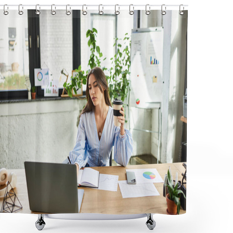 Personality  Brunette Woman Focuses Intently On Her Laptop While Sipping Coffee In A Stylish Office Space. Shower Curtains