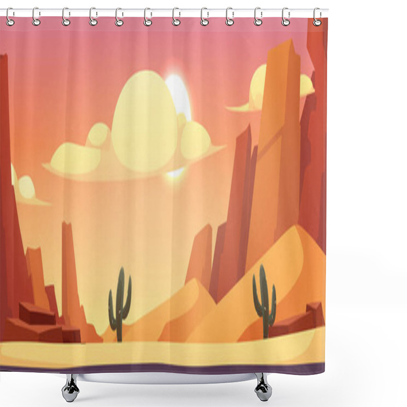 Personality  Desert Landscape With Sand Dunes, Mountains And Cactus Plant. Cartoon Sun And Clouds Under Sandy Hills. Vector Flat Illustration Hot Dry African Nature Background. Wilderness View From The Road Shower Curtains