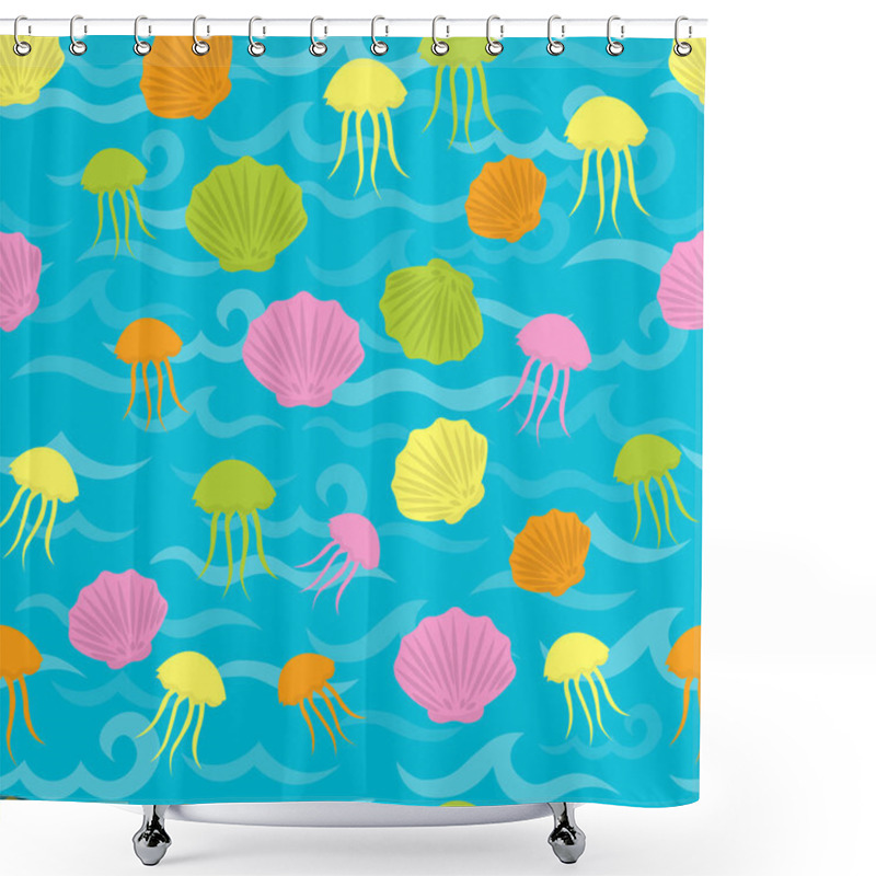 Personality  Seamless Sea Pattern In Nautical-inspired Design. Sea Background With Seashells, Starfishes And Jellyfishes. Blue Ocean Water Wave. Vector Seamless Pattern With Marine Life. Shower Curtains