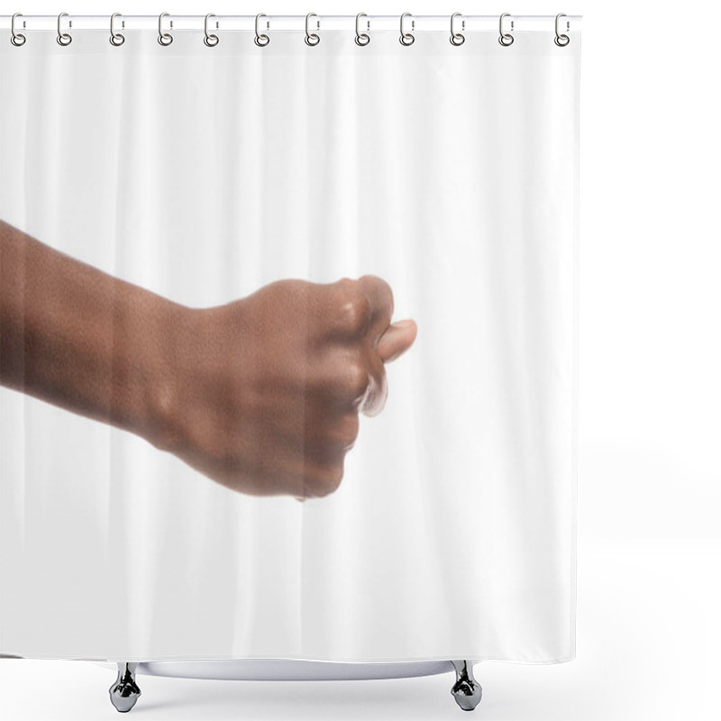 Personality  Partial View Of African American Man Showing Letter T In Deaf And Dumb Language Isolated On White Shower Curtains