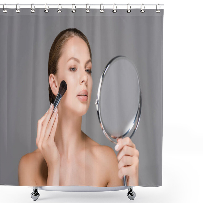 Personality  Portrait Of Young Woman Looking At Mirror And Applying Blush Isolated On Grey Shower Curtains