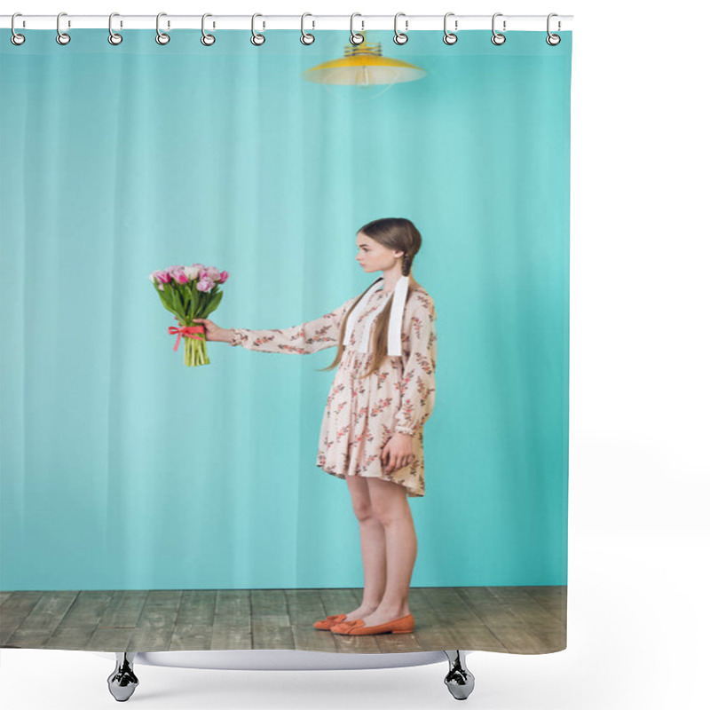 Personality  Stylish Girl With Braids In Trendy Summer Dress Holding Floral Bouquet, On Turquoise Shower Curtains