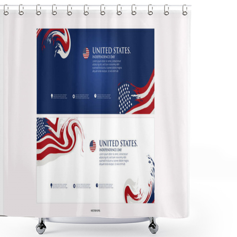 Personality  4th Of July Independence Day Poster, Banner, Flyer, Background, Template, With The Greeting, Usa Flag Waving Ribbon, Bunting Decoration, And American Famous Landmarks In The Background. Shower Curtains