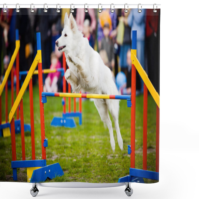 Personality  Dog Jumping Over Hurdle Shower Curtains