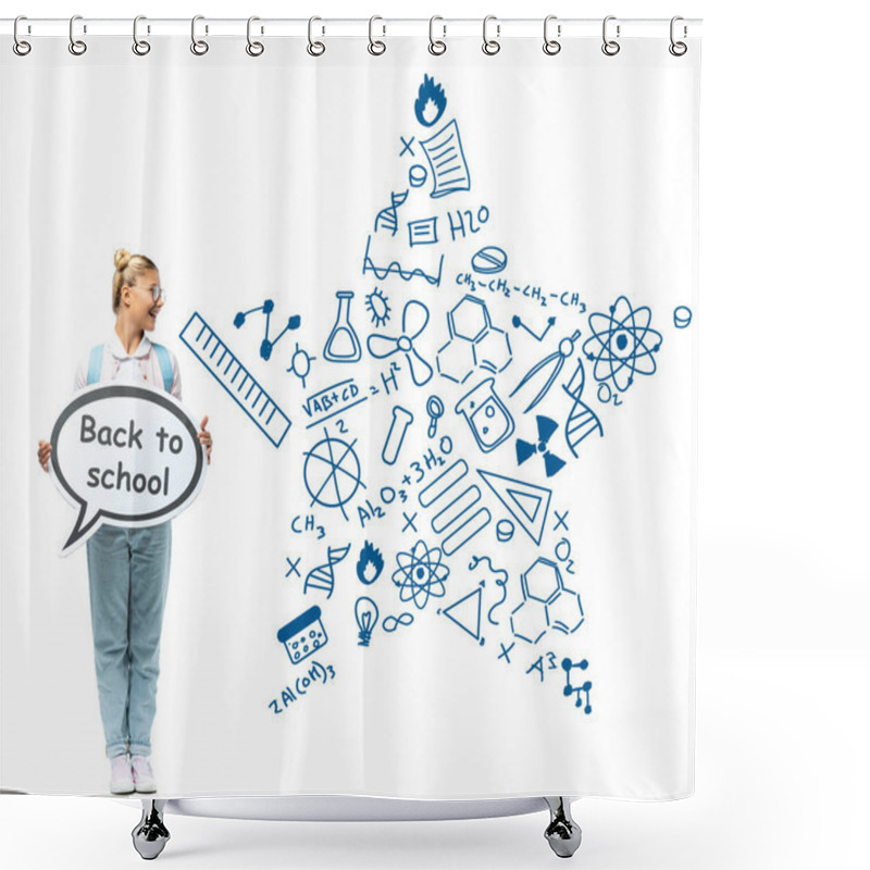 Personality  Schoolgirl Holding Speech Bubble With Back To School Lettering Near Illustration On White  Shower Curtains