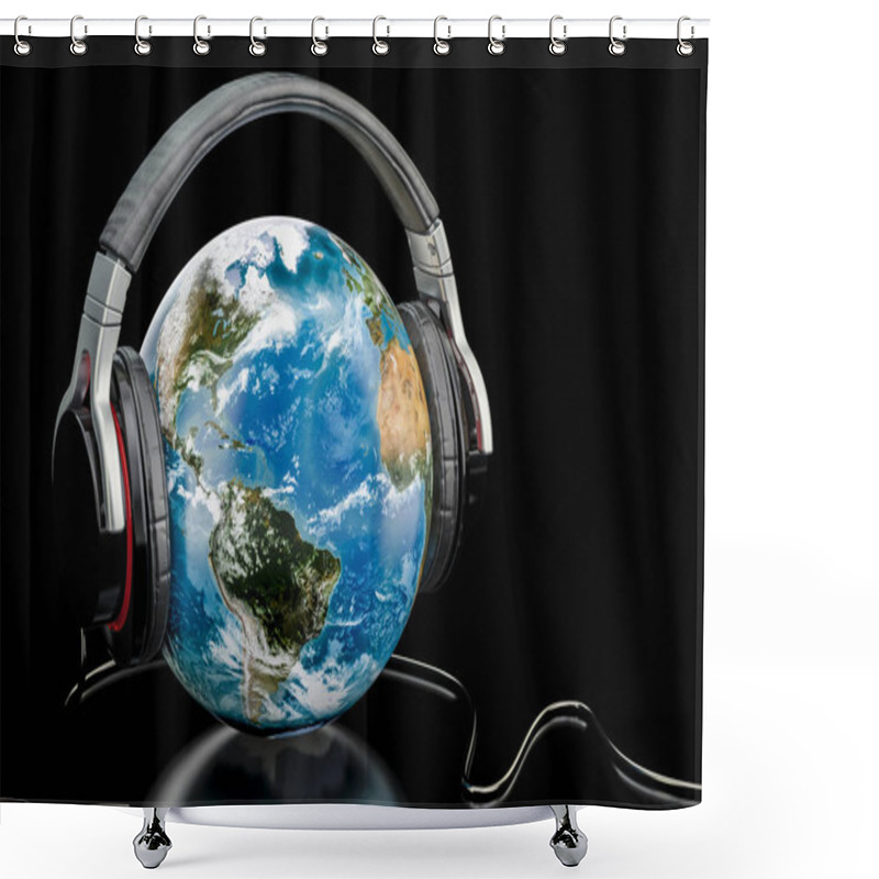 Personality  Earth Globe With Wireless Headphones, World Music Concept. 3D Re Shower Curtains