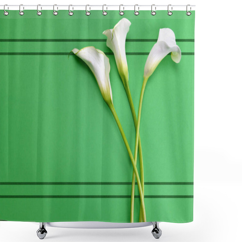 Personality  White Calla Lilies On Green Paper Background.Top View. Shower Curtains