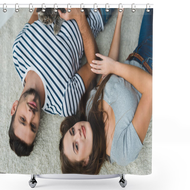 Personality  Top View Of Young Couple Lying On Floor With Cute Tabby Cat Shower Curtains