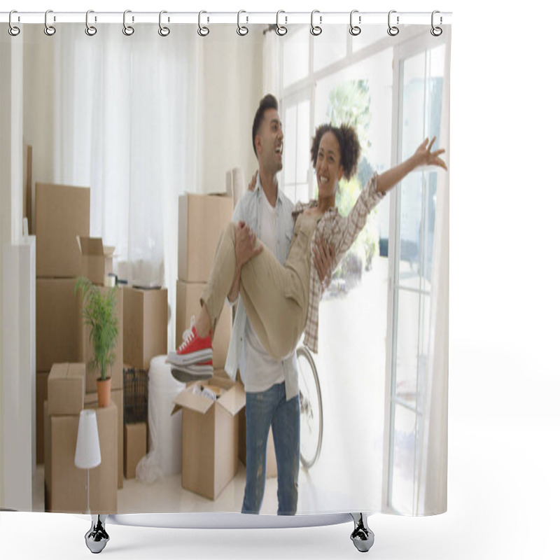 Personality  Ecstatic Young Couple Celebrating Their New Home Shower Curtains