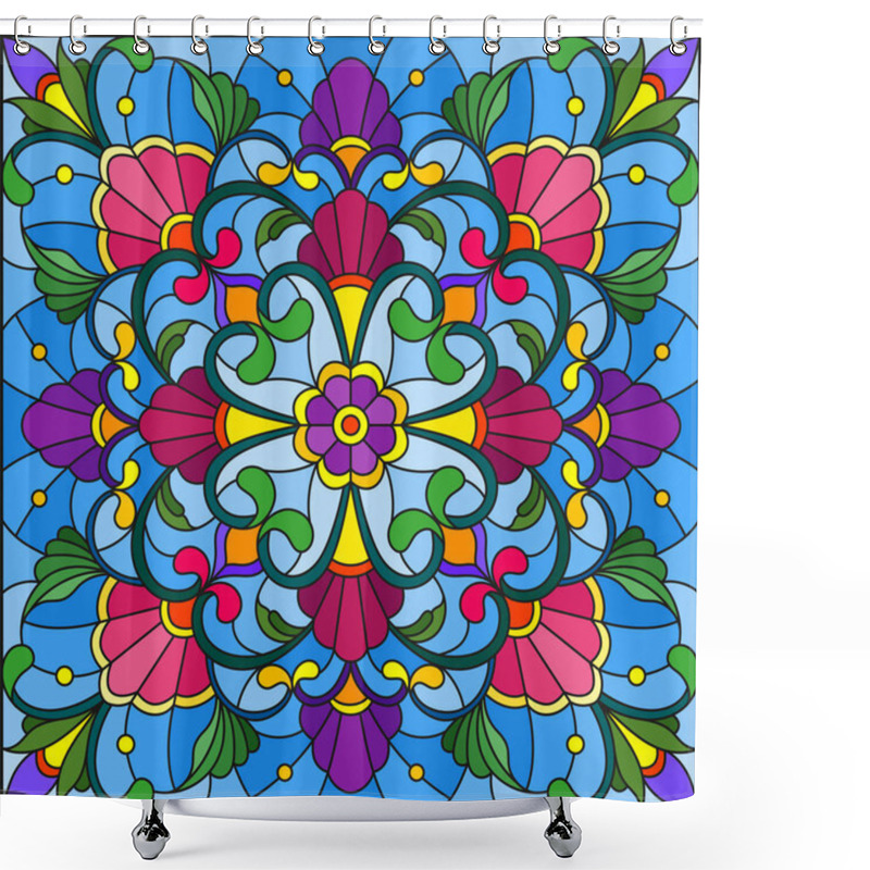 Personality  Illustration In Stained Glass Style With Abstract Floral Ornaments, Flowers, Leaves And Curls On Blue Background, Square Image Shower Curtains